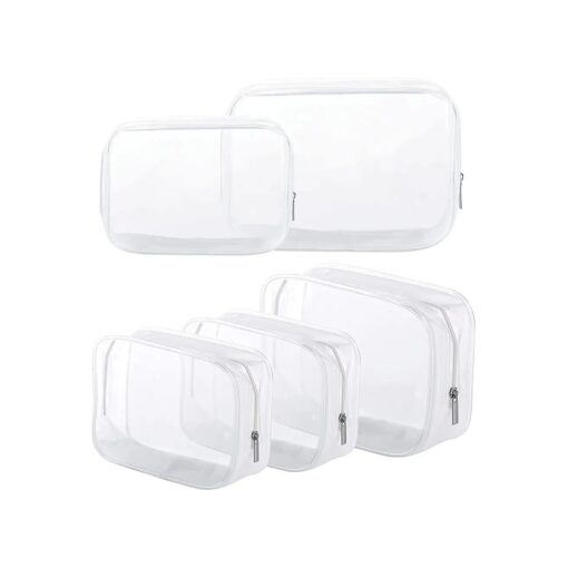 5 Pack Clear Plastic Zippered Toiletry Carry Pouch TSA Approved Toiletry Bag Portable Cosmetic Makeup Bag for Vacation, Bathroom and Organizing ( Small/Large, White )