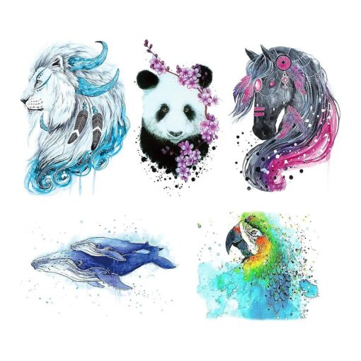 Glaryyears Animal Watercolor Temporary Tattoos, 5 Pack Large Fake Long Lasting Tattoo Stickers of Lion Panda Horse Whale Parrot Design, for Adults Women Men Makeup on Body Art Decoration Rock Tumbler