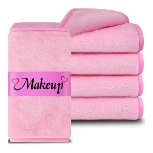 Makeup Remover Cloth ( 5 pack ) Reusable Microfiber Makeup Remover Face Towel Cleaning Wash cloth Makeup Remover Wipes Removing All Makeup With Just Water Soft for All Skin Types 15 X 7.5 inch Pink