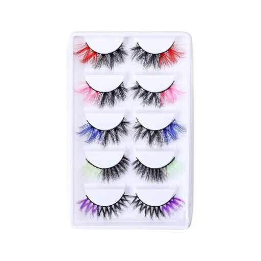 5 Pairs Colored False Eyelashes Pack, 3D Fluffy Faux Mink Color Eye Lashes Strip Wipsy Multicolored Two-Toned Fake Lashes for Daily Christmas Cosplay, Red/Pink/Blue/Green/Purple Lashes on the End