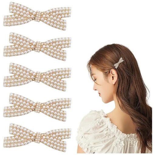 5 Pcs Pearl Bow Hair Clips Duckbill Hair Claw Clips Gold Metal Hair Clip Elegant Cute Hair Pins Hair Accessories Headwear Styling Tools Gifts for Little Girls Women