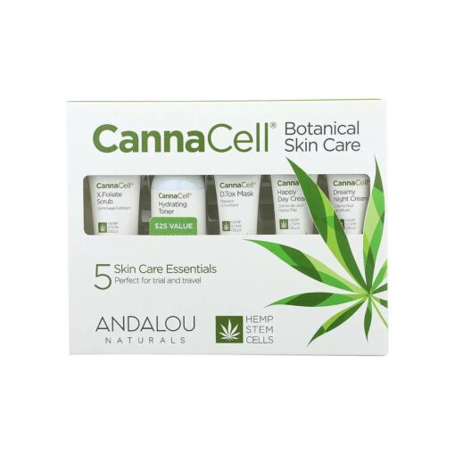 Andalou Naturals CannaCell Botanical Get Started Kit, 5 Piece Set ( Scrub, Toner, Mask, Day Cream, Night Cream )