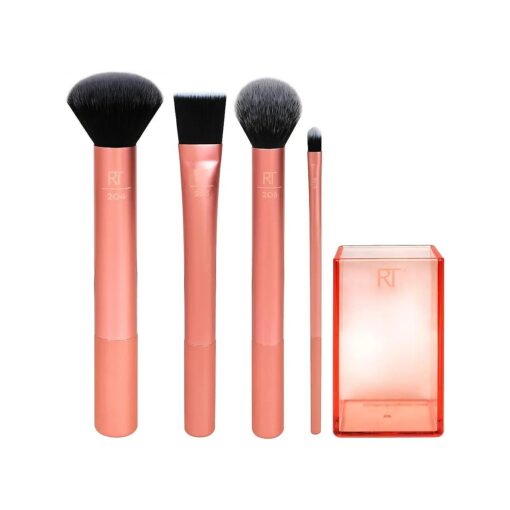 Real Techniques Flawless Base Brush Set With Ultra Plush Custom Cut Synthetic Bristles and Extended Aluminum Ferrules to Build Coverage for Every Makeup Application Need, Orange, 5 Piece