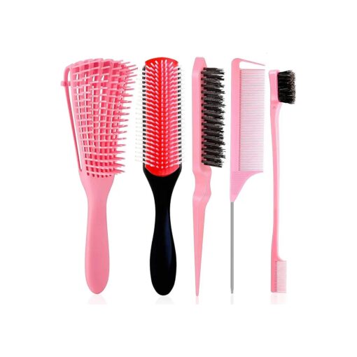 5 Pcs Detangling Brush Set Cushion Nylon Bristle Shampoo Brush Dual Edge Brush Teasing Brush Styling Comb Pink