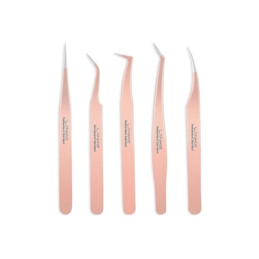 LANKIZ Eyelash Extension Tweezers Set 5 PCS for Eyelash Extensions Stainless Steel Lash Tweezers for Volume Lash Extensions-Rose Gold