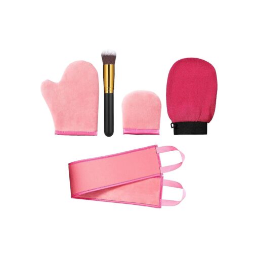 5 Pieces Self Tanning Mitt Applicator Kit, Includes Exfoliating Glove, Tanning Mitt, Mini Face Mitt, Back Lotion Applicator with Self Tanner Brush Large Flat Top Makeup Brush ( Pink )