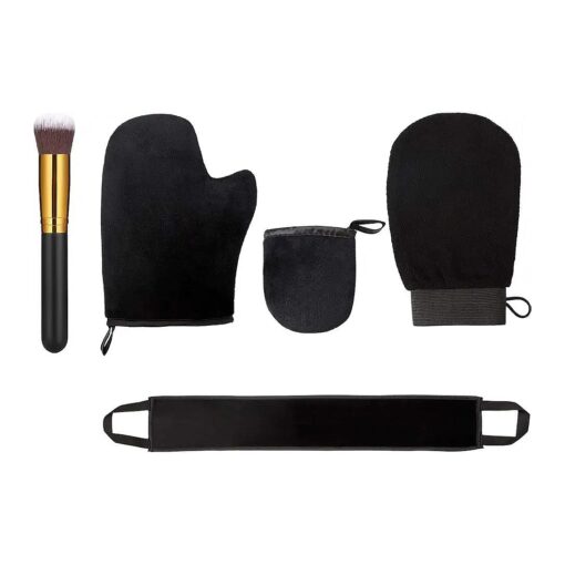 5 Pieces Self Tanning Mitt Applicator Kit, Includes Exfoliating Glove, Tanning Mitt, Mini Face Mitt, Back Lotion Applicator with Self Tanner Brush Large Flat Top Makeup Brush ( Black )