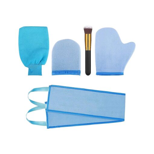 5 Pieces Self Tanning Mitt Applicator Kit, Includes Exfoliating Glove, Tanning Mitt, Mini Face Mitt, Back Lotion Applicator with Self Tanner Brush Large Flat Top Makeup Brush ( Blue )