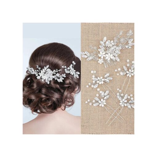 5 Pieces Hair Side Comb, Pins Pearl Crystal U-shaped Rhinestone Hair Accessories for Wedding Brides Women Girls ( Silver )