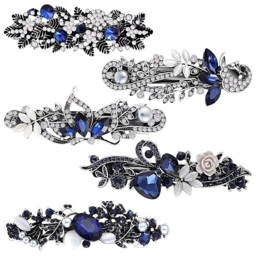 5 Pieces Crystal Rhinestones Hair Barrettes Large Flower Butterfly Pearl French Vintage Clip Wedding Navy Hair Jewelry for Thick long Hair for Women Girls