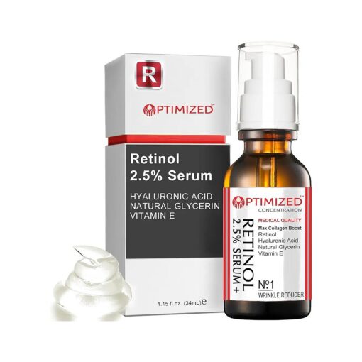 Retinol Serum 2.5 % with Hyaluronic Acid, Glycerin, Vitamin E - Reduce Wrinkles, Fine Lines, Even Skin Tone, Sun Spots, Age Spots - Boost Collagen Production 1 fl oz - OPTIMIZED LAB Guaranteed