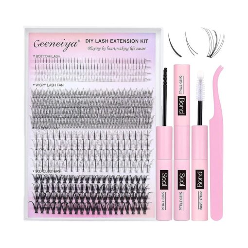 Geeneiya Lash Clusters Kit Individual Cluster Lash Extension Kit DIY Multi-type D Curl Eyelash Extension Kit with Bottom Lashes, Lash Bond and Seal Glue, Lash Applicator at Home ( 30D, 480PCS )