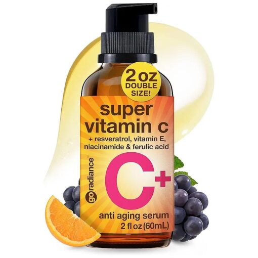 Double Size ( 2OZ ) Super Vitamin C Serum for Face w/Niacinamide Serum, 5 % Vitamin C Face Serum w/Hyaluronic Acid & Resveratrol, Anti-Aging Brightening Serums for Skin Care, Facial Serum Vitamina C, E