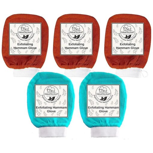 Exfoliating Hammam Glove - Face and Body Exfoliator Mitt 5 and 10 packs ( 3 Orange, 2 Teal ( Pack of 5 ) )