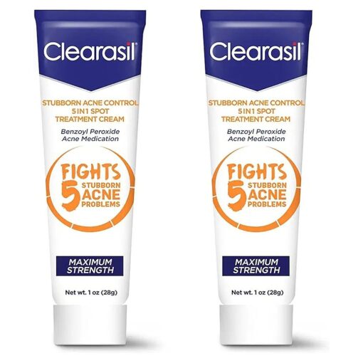 Clearasil Stubborn Acne Control 5 in 1 Spot Treatment Cream, Maximum Strength, Benzoyl Peroxide Acne Medication, 1 oz - Fights Blocked Pores, Pimple Size, Excess Oil, Acne Marks & Blackhe ( Pack of 2 )