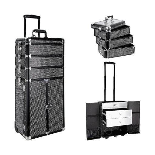 Sunrise 5-in-1 Pro Rolling Aluminum Cosmetic Makeup Artist Train Case Organizer Trays Drawers Extra Lid, Black Krystal