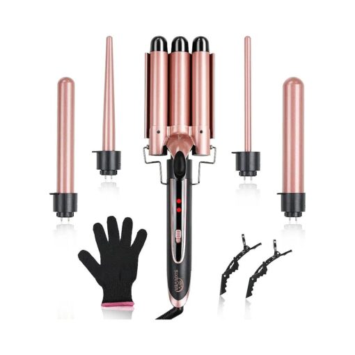 5-in-1 Curling Iron Set, Curling Wand with 3 Barrel Hair Crimper Iron and Interchangeable 4 Curling Irons, Dual Voltage Hair Waver with 2-LED Temp Control for All Hair Types, Glove & 2 Clips