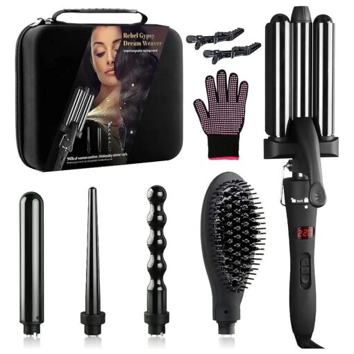 Curling Iron Set 5 in 1 Curling Wand Beach Hair Waver Curling Iron & 3 Interchangeable Barrel with Hair Straightener Comb, Hot Tools Curling Iron with PTC Instant Heat Up & Intelligent LED Display