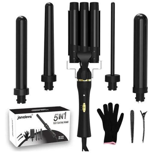 5 in 1 Wand Curling Iron, janelove Hair Curling Wand Set with 3 Barrel Hair Crimper and 4 Interchangeable Ceramic Curling Irons ( 0.39 `` -1.25" ), 2 Temps Fast Heat Hair Waver Curler for All Hair Type