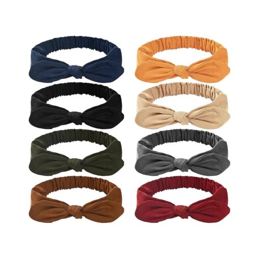 Bow Headbands for Women Solid Color Stretchy Knotted Turban Headbands Rabbit Ears Workout Running Sport Sweat Elastic Hair Wrap for Girls, Pack of 8