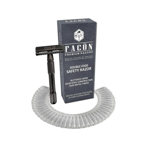 50 BLADES + Facon Classic Long Handle Double Edge Safety Razor - Butterfly Open Shaving Razor With Platinum Japanese Stainless Steel Blades for Smooth Wet Experience - 200+ Shaves