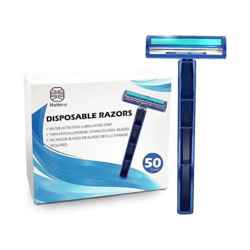 Disposable Razors for Men, 50 Count Men Razora for Shaving with Lubricating Strips, Twin Hypoallergenic Stainless-Steel Travel Razor for Men Sensitive Skin Blue