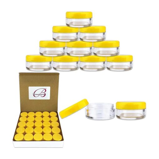 50 New Empty 5 Grams Acrylic Clear Round Jars - BPA Free Containers for Cosmetic, Lotion, Cream, Makeup, Bead, Eye shadow, Rhinestone, Samples, Pot, Small Accessories 5g/5ml ( YELLOW LID )