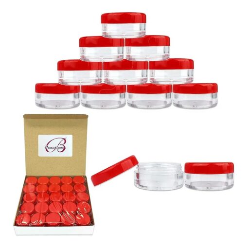 50 New Empty 5 Grams Acrylic Clear Round Jars - BPA Free Containers for Cosmetic, Lotion, Cream, Makeup, Bead, Eye shadow, Rhinestone, Samples, Pot, Small Accessories 5g/5ml ( RED LID )