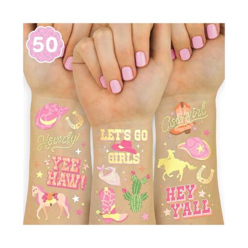 xo, Fetti Cowgirl Temporary Tattoos - 50 Gold Foil Styles | Birthday Party Decorations, Giddy Up Cowgirl Accessory, Rodeo Western Theme Favor, Nashville Gift + Cow Print Supplies, Baby Shower