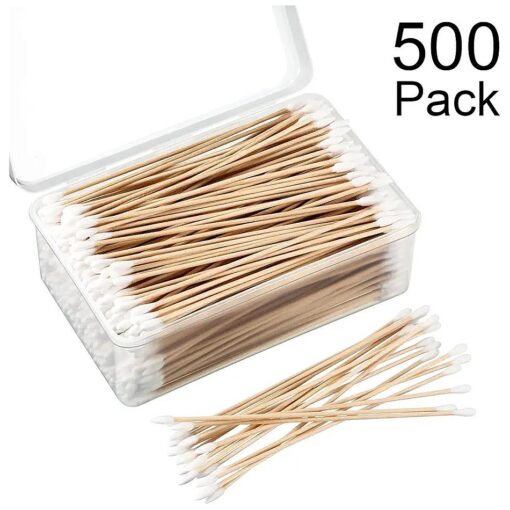 Norme 6 Inch Cotton Swabs in Storage Box 500 Pcs Long Cotton Swab Pointed and Round Tip with Wooden Handle Cleaning Swabs Buds for Makeup Gun Cleaning Pet Care