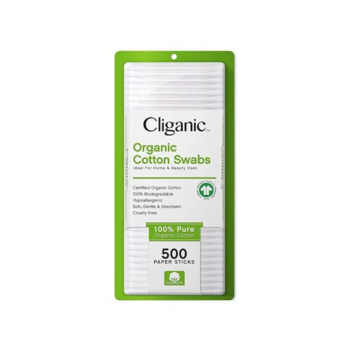 Cliganic Organic Cotton Swabs, 500 Count - 100 % Pure Natural Cotton, Chlorine-Free Hypoallergenic, Soft, Gentle & Absorbent Buds