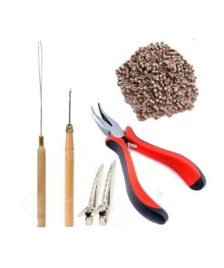 Hair Extensions Tools Kit 500 Pcs Micro Ring Beads 1 Hair Extension Plier 1 Hook Needle 1 Pulling Loop, for Fairy Hair Tinsel Strands Professional Hair Styling Tools Accessory ( Light Brown )