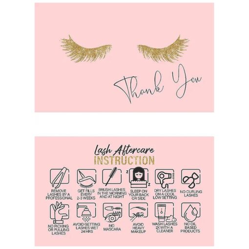 50 Pck Lash Extension Aftercare Thank You Cards, Lash Supplies, Size 3.5" x2" in, Pink