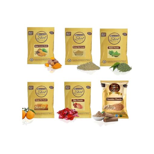 Combo of Multani Mitti Powder ( 50g ) with Kasturi Turmeric Powder ( 50g ) Orange Powder ( 50g ), Neem Powder ( 50g ), Chandan Powder ( 50g ) and Rose Powder ( 50g ) ( Total 300g, Pack of 6 )