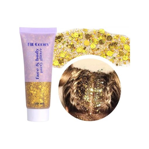 Gold Body Glitter, Mardi Gras Face Glitter Gel, Mermaid Sequins Lip Eye Nails Hair Body Glitter Makeup, Liquid Holographic Chunky Glitter Singer Concerts Music Festival Rave Accessories,50g