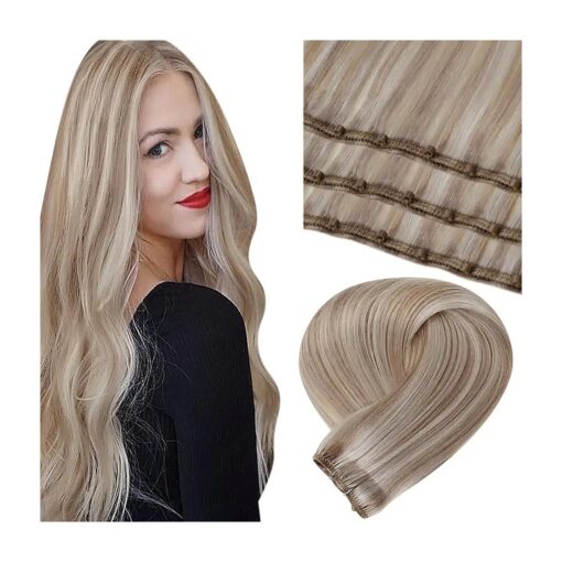 LaaVoo Beaded Weft Hair Extensions Human Hair 18 Inch Blonde MicroBead Weft Extensions Ash Blonde Highlight Bleach Blonde Human Hair Extensions Beaded Weft Straight 50g