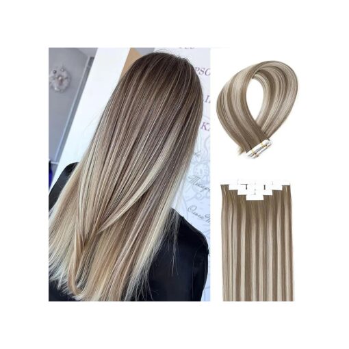 Tape in Hair Extensions 10Pcs 50g Synthetic Straight Hair Tape in Extensions 20Inch Seamless Invisible Hair Extension Tape ins for Women ( Nature Blonde Mix Light Brown )