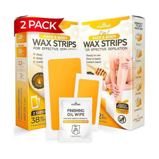 Wax Strips 76 Count - 56 Body Wax Strips, 20 Face Wax Strips and 24 Finish Wipes - Body and Facial Hair Removal for Women and Men - Hair Remover Wax Kit for Upper Lip, Legs ( Honey )