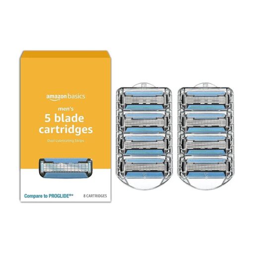 Basics 5-Blade MotionSphere Razor Refills for Men with Dual Lubrication and Precision Beard Trimmer, 8 Cartridges ( Fits Basics Razor Handles only ) ( Previously Solimo )