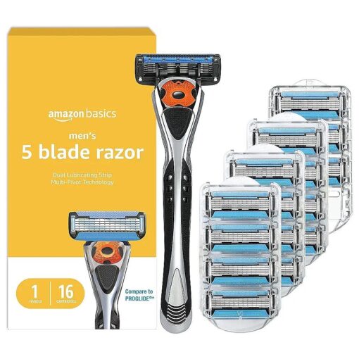 Basics 5-Blade MotionSphere Razor for Men with Dual Lubrication and Precision Trimmer, Handle & 16 Cartridges, Cartridges fit, Razor Handles only, 17 Piece Set, Black