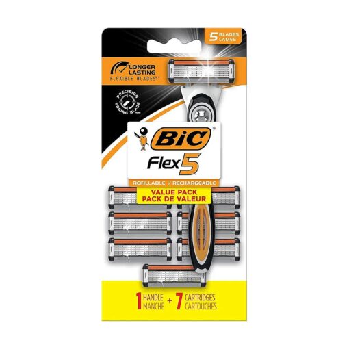 BIC Flex 5 Refillable Razors for Men, Long-Lasting 5 Blade Razors for a Smooth and Comfortable Shave, 1 Handle and 7 Cartridges, 8 Piece Shaving Kit