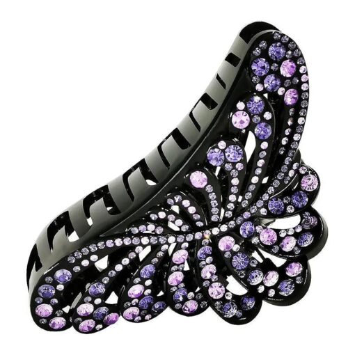 Big Hair Claw Clips With Purple Rhinestone 5 Inch Nonslip Leaf Plastic Extra Large Black Jumbo Jaw Clip for Women Strong Hold Thick and Long Hair