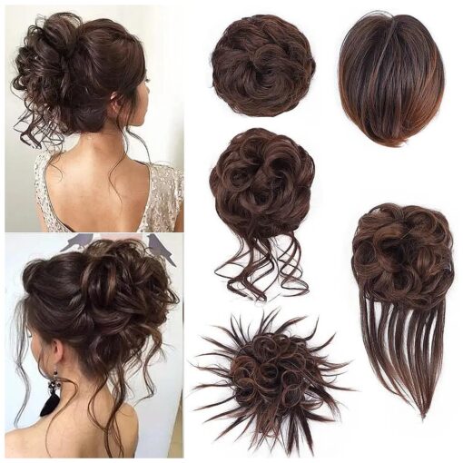 FORCUTEU 5 PCS Messy Bun Hair Pieces Tousled Updo Hair Messy Curly Bun Hair Extension Ponytail Scrunchies Hairpiece with Elastic Band Accessories Set for Women Girls ( Dark Brown mix Light Auburn )