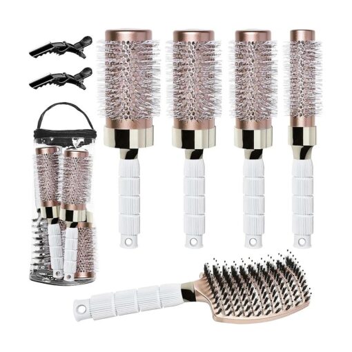 Aozzy 5PCS Round Brush for Blow Drying, Round Brush Set with Boar Bristle Curved Vented Hair Brush, Nano Thermal Round HairBrush for Drying, Styling, Make Hair Healthy, Shiny, and Soft