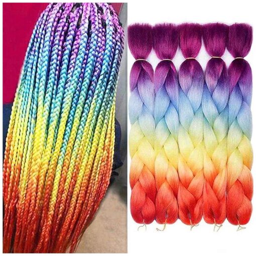 AIDUSA Braiding Hair Ombre Braiding Hair Synthetic Colorful Braiding Hair 4 Tone for Women Rainbow Braiding Hair 5Pcs Twist Crochet Braids 5Pcs Hair Extensions 24 Inch 100g ( # 60 Rainbow Color )