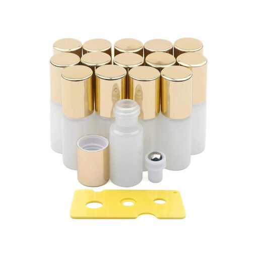 Pearlescent Glass Roller Bottles,5ml Pack of 15 Roll on Bottles with Stainless Steel Roller Ball & Golden Lids for Essential Oil/Perfumes/Lip Balms- Include Opener