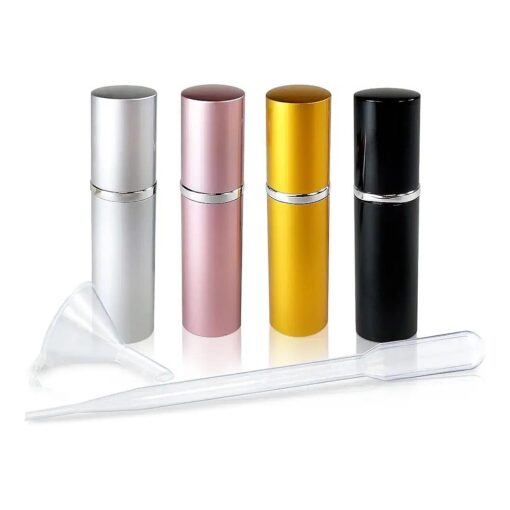 Refillable Perfume & Cologne Fine Mist Atomizers with Metallic Exterior & Glass Interior - Portable Travel Size - 3ml Squeeze Transfer Pipette Included - 4 Pc Pack of 5ml ( Silver, Black, Gold, Pink )