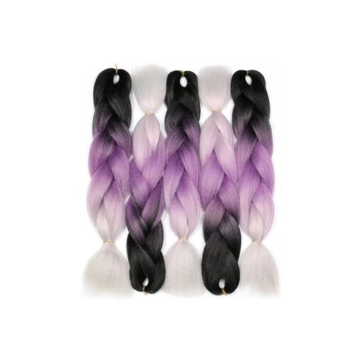 Ombre Braiding Hair ( Black/Purple/Silver Grey ) 5pcs Jumbo Braid Hair Extension Ombre Colors For Box Braids Senegal Twist Braids 24 Inch Soft Synthetic Fiber