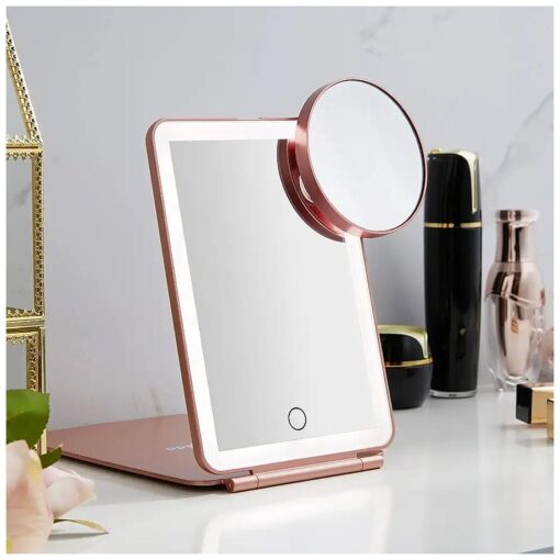 LED Foldable Travel Makeup Mirror - 5x7 inches 3 Colors Light Modes USB Rechargeable Touch Screen, Portable Tabletop Cosmetic for Travel, Cosmetic, Office ( Rose Gold )