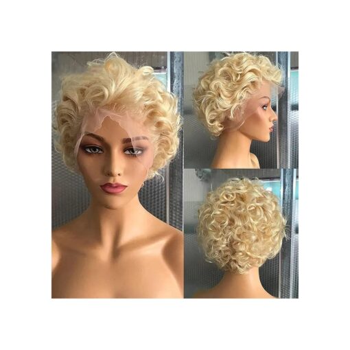 Short Pixie Cut Disposable Curly Styled Bob Wig 613 Blond Hair Glueless Brazilian Virgin Human Hair Lace Front Wigs Pix Style Pre Plucked Hairline with Baby Hair 6-8 Inch ( 13X4 613 Blonde )